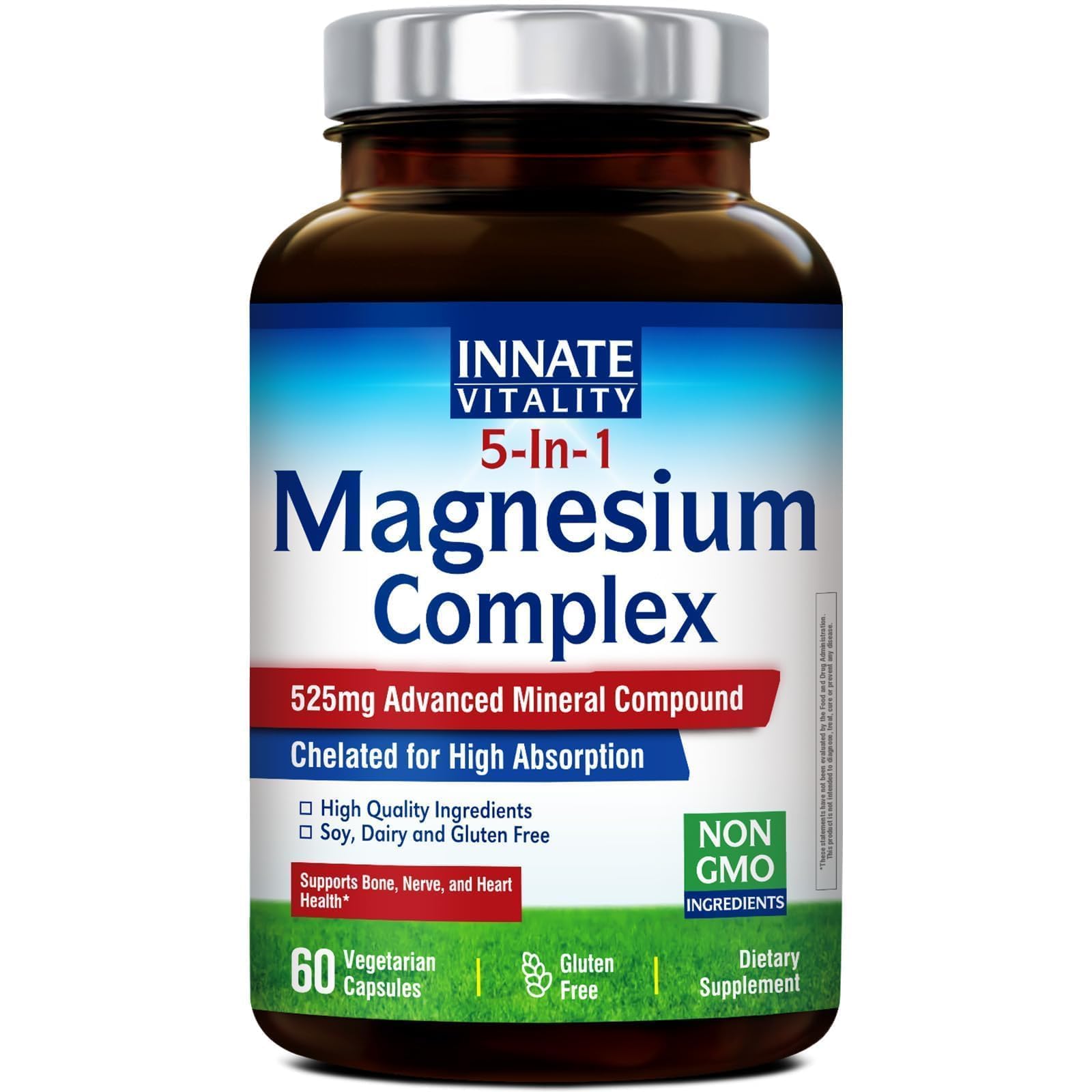 Innate Vitality Magnesium Complex, 5-in-1 Formula, Magnesium Glycinate, Malate, Citrate, Aspartate, Gluconate, 100% Chelated, Highly Absorbable, 60 Vegan Capsules, Non-GMO