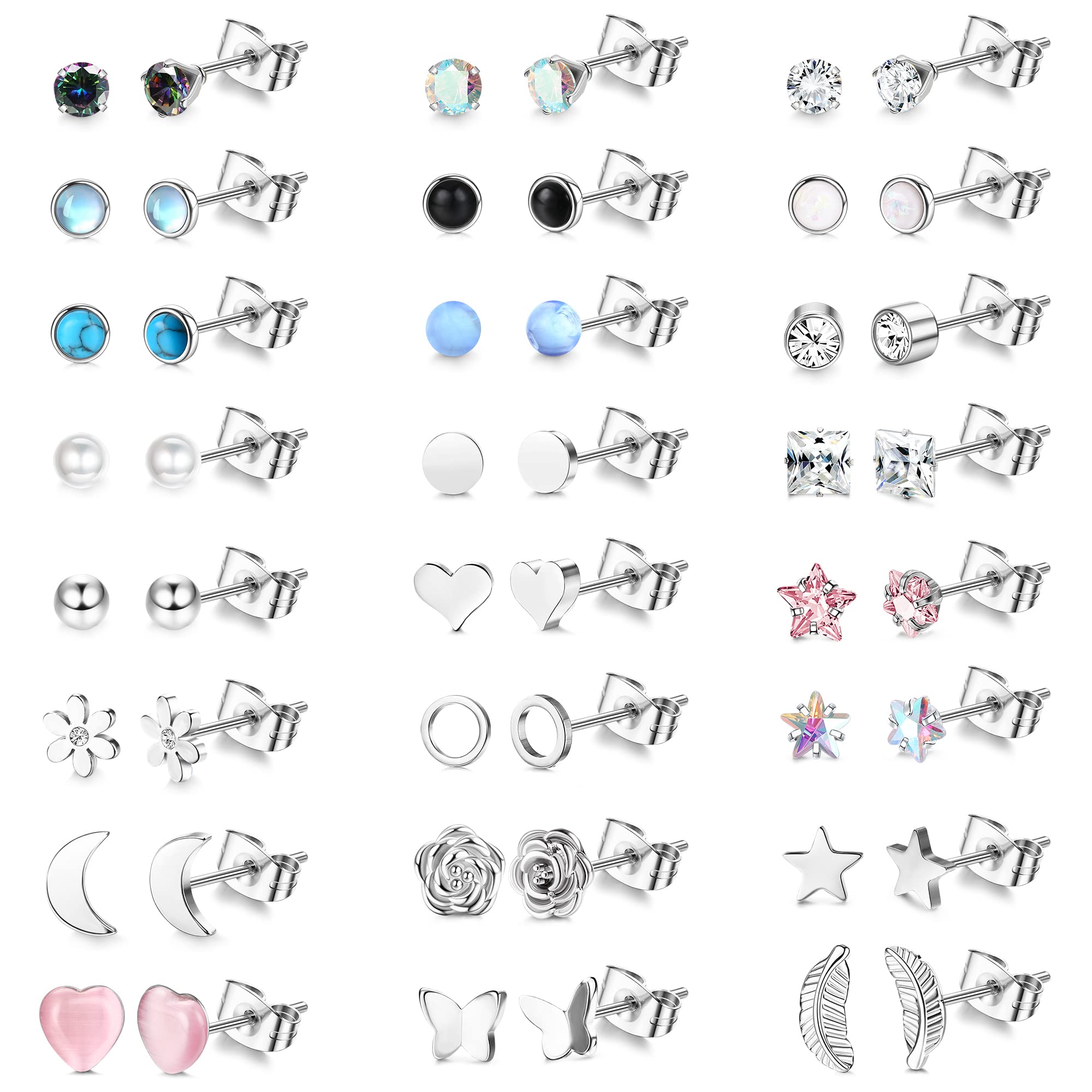 MILACOLATO24 Pairs Acero Inoxidable Pendientes para Mujer y Niñas, Cartílago Trague Pendientes Huggie Pequeños Geométricos de Corazón Luna y Estrella con Circonita Cúbica Pendientes Set