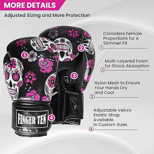 Miniatura 9 de FINGER TEN Guantes de boxeo para mujer, guantes de boxeo para boxeo, kickboxing, entrenamiento de artes marciales mixtas, guantes de cuero negro, 8,