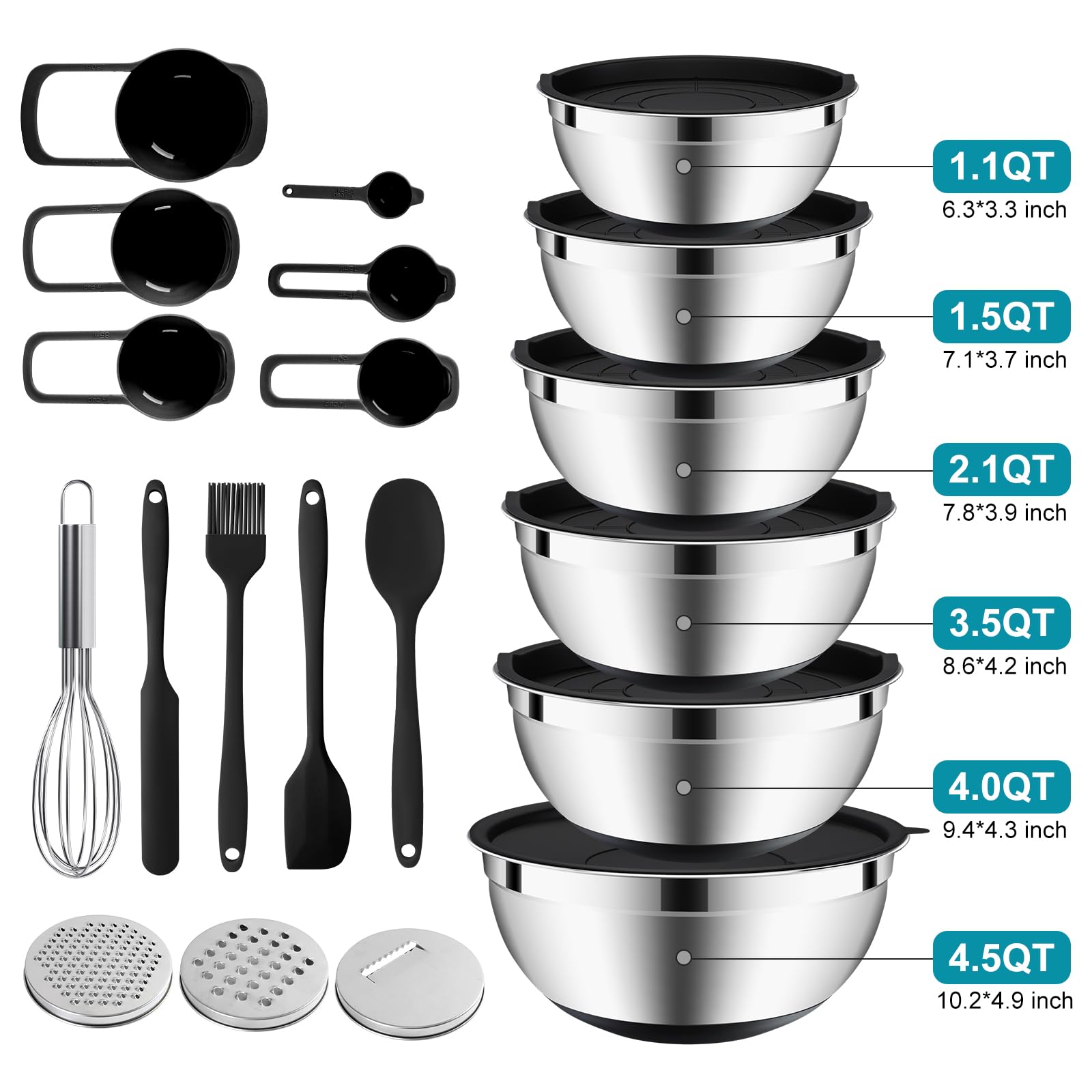 ENVTEK 20-teiliges Rührschüssel-Set mit luftdichten Deckeln - 6 Edelstahl-Schüsseln (4,5QT, 4QT, 3,5QT, 2,1QT, 1,5QT, 1,1QT), 3 Reibeaufsätze, rutschfeste Silikonböden, perfekt zum Backen & Servieren