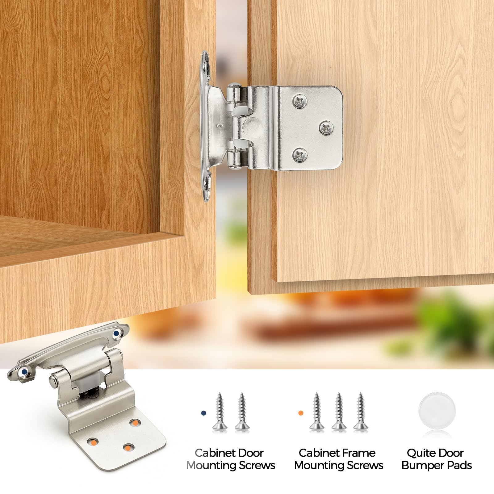 Confezione da 50 (25 paia) di cerniere da 3/8 pollici, montaggio frontale a chiusura automatica, con paracolpi, argento nichel satinato, per mobili da cucina, bagno, ante di mobili