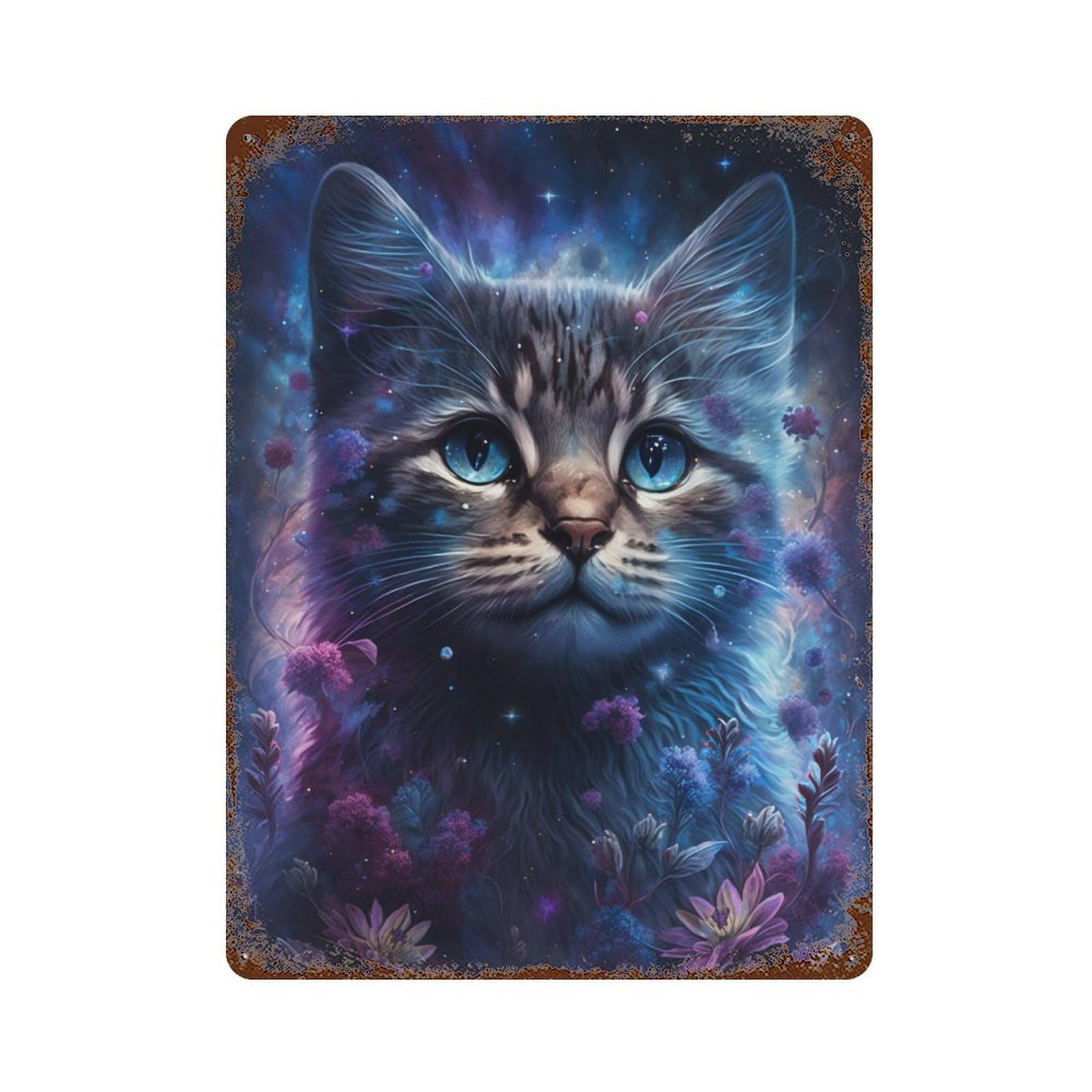 Rust Effect Cosmic Cat Fantasy Rusty Metal Tin Sign 15.7"x11.8", Industrial Home Decor for Living Room, Hallway And Home Decor