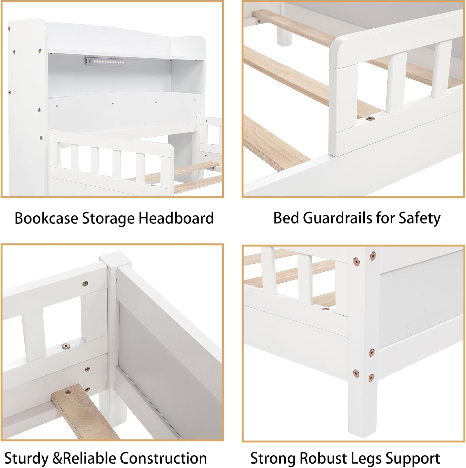 Twin Size Bed Frame Kids with Rails, Wood Platform Bed Frame with Storage Headboard and LED Motion Sensor Light, Twin Beds with Slats Support for Girls Boys,No Box Spring Needed,White