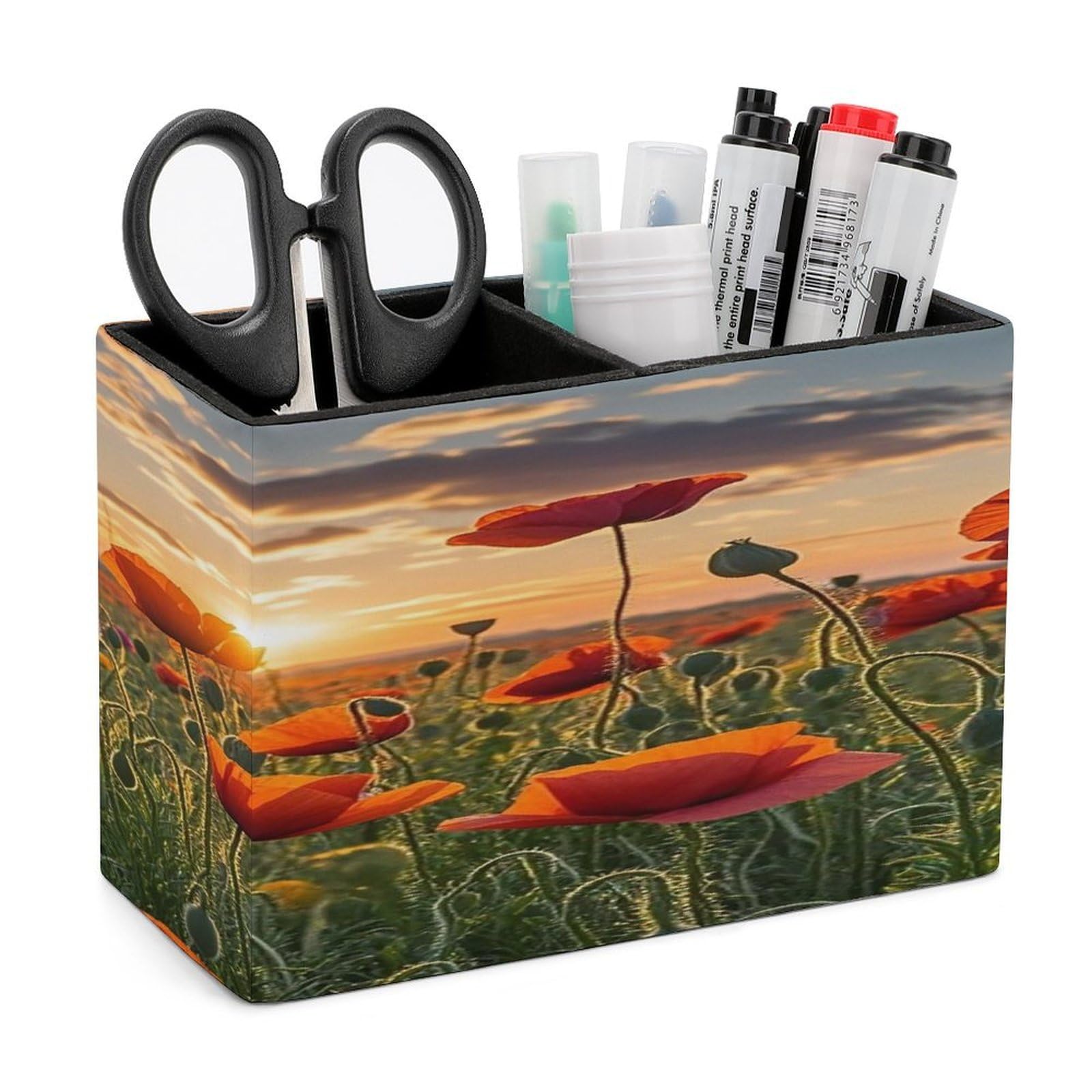 FekiLoot Red Poppy Flower Field in Sunset Pen Holders for Desk Small Remote Control Holder Leather Pencil Cup with Double Compartments Desktop Organizer for Table Desk Office Space Saving