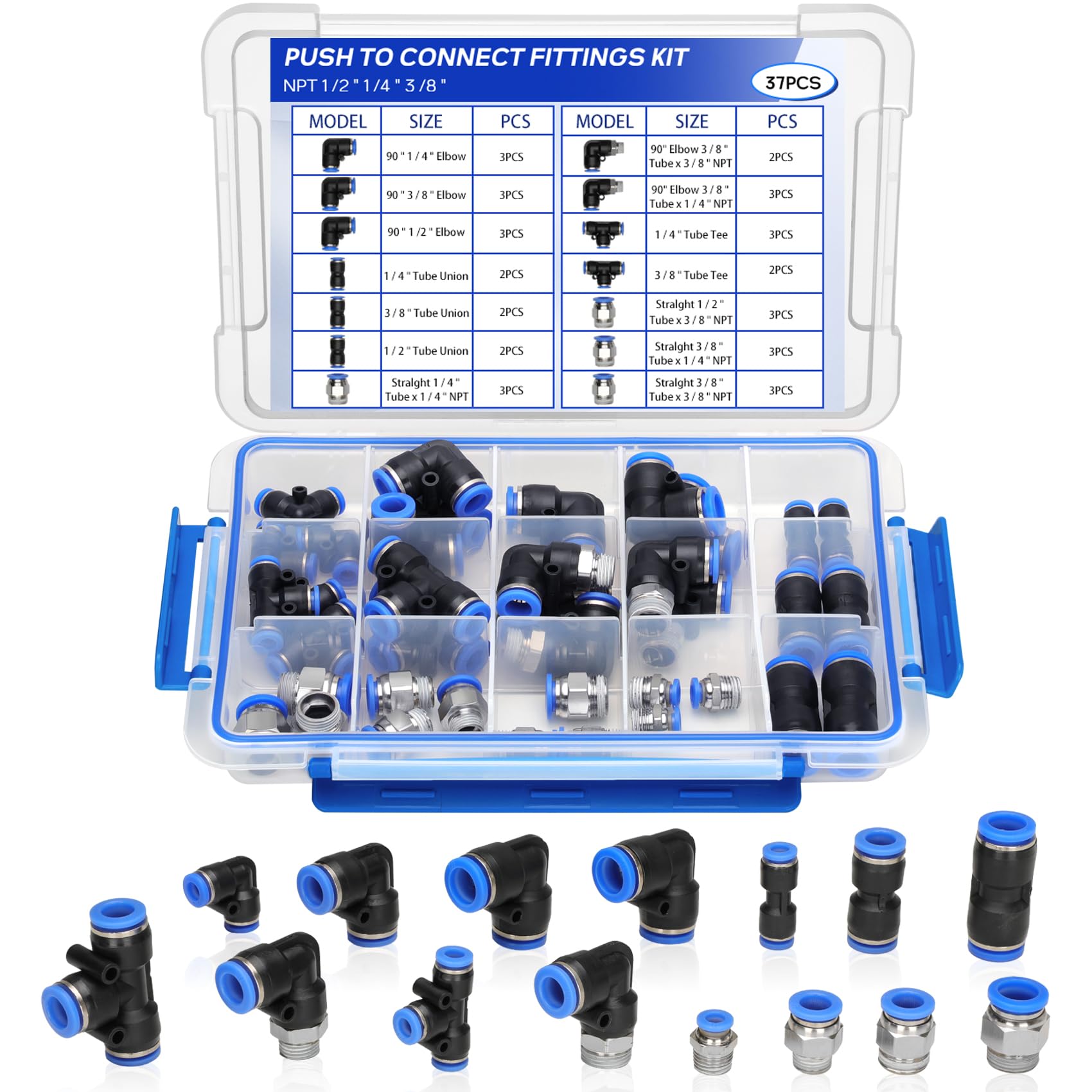 37Pcs Push to Connect Air Fittings Kit - 1/4", 3/8", 1/2" Nylon Tubing Quick Connect, High Temp Resistant, for Industrial/Horticulture/Automotive (Straight/Elbow/Union/Tee/NPT)