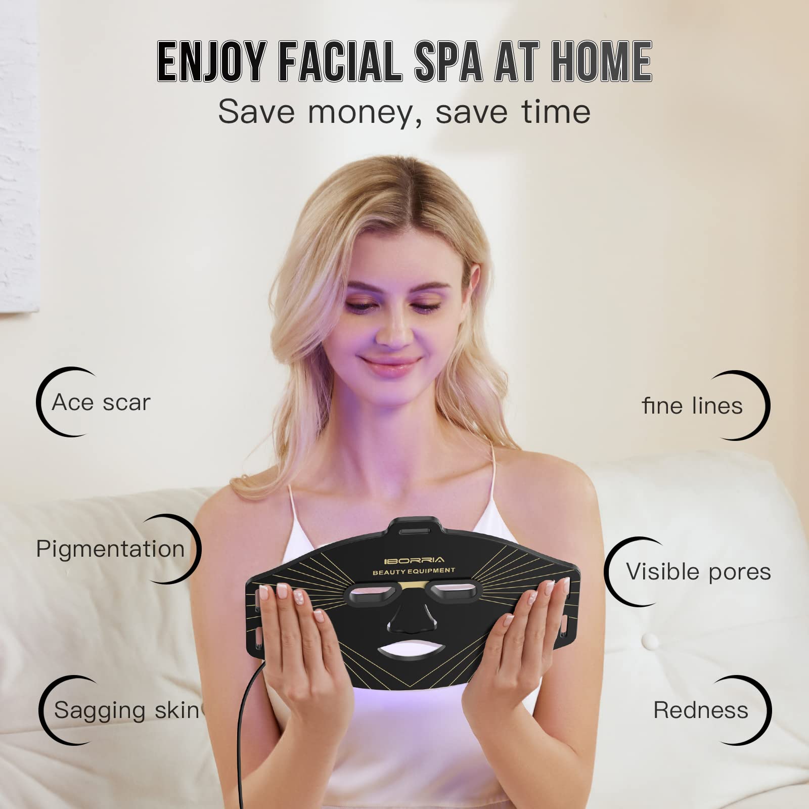 IBORRIA Maschera LED per il Viso, Terapia della Luce Rossa, 3 Colori con Luce nel Vicino Infrarosso, Dispositivo per la Cura per Tutti i Tipi di Pelle a Casa (Nero)