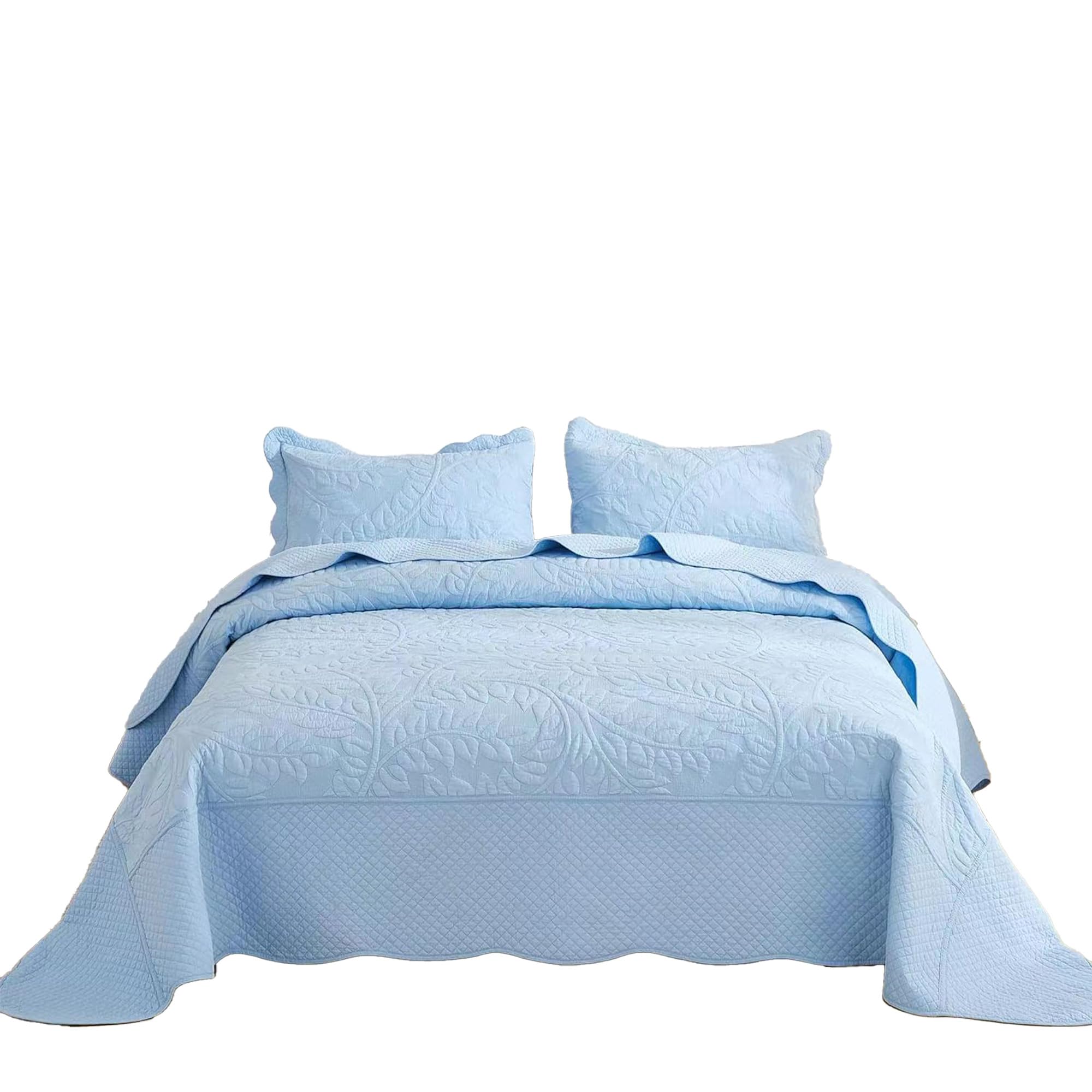 MarCielo 3-Piece 100% Cotton Oversized Bedspread Set Coverlet Set Lightweight Quilt Set Embroidery Farmhouse Bedding Set (Light Blue, Queen (100"x106"))