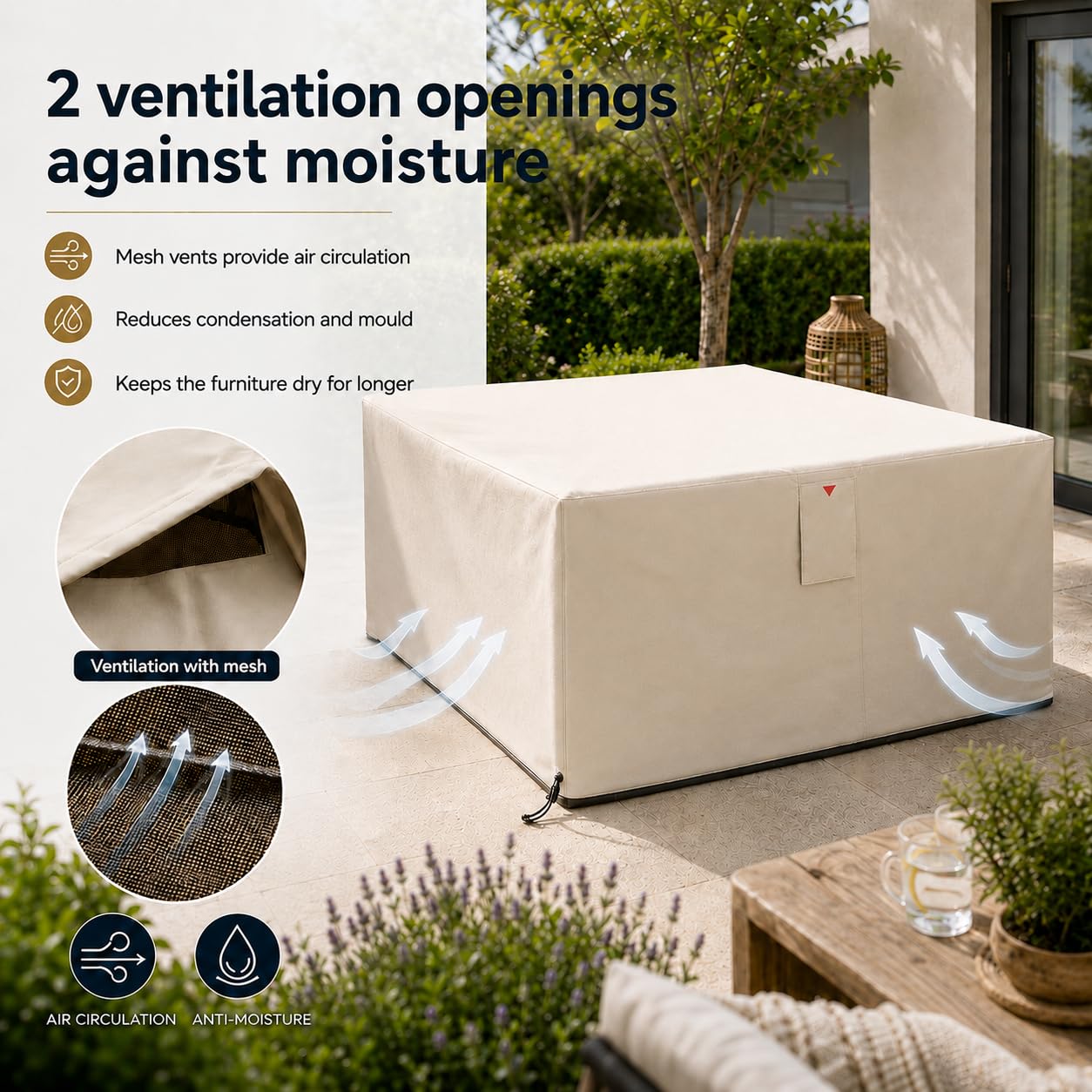 HOME It Garden Gartenmöbel-Abdeckung 235x180x95 cm – 600D Oxford PVC-beschichtet, wasserdicht, UV-Schutz, 2 Belüftungen, Reißverschluss & Kordelzug, sand