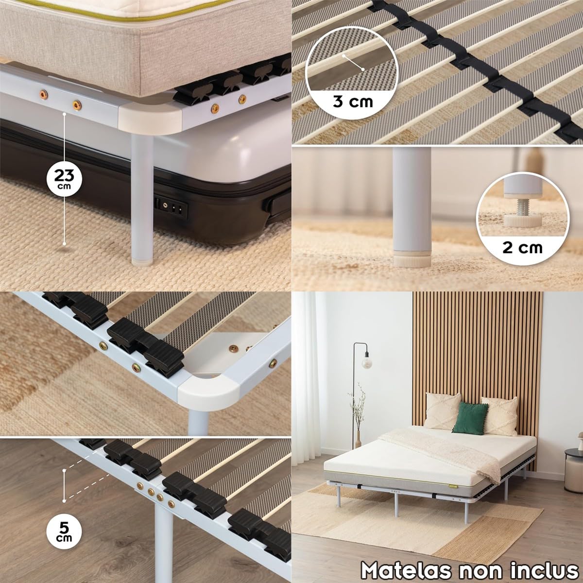 Mon Mobilier Design Ortho Sommier en Acier à Lattes avec Bande stabilisatrice Blanc 180x200 cm avec Pieds