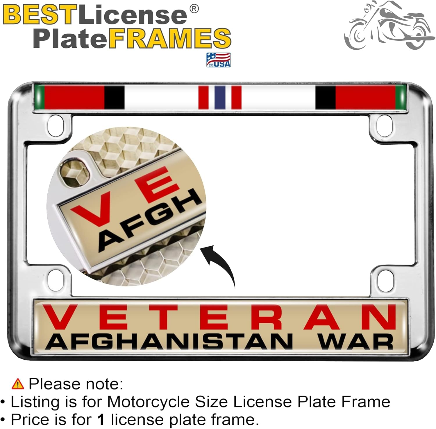Motorcycle Metal License Plate Frame with Afghanistan War Veteran Design - Chrome