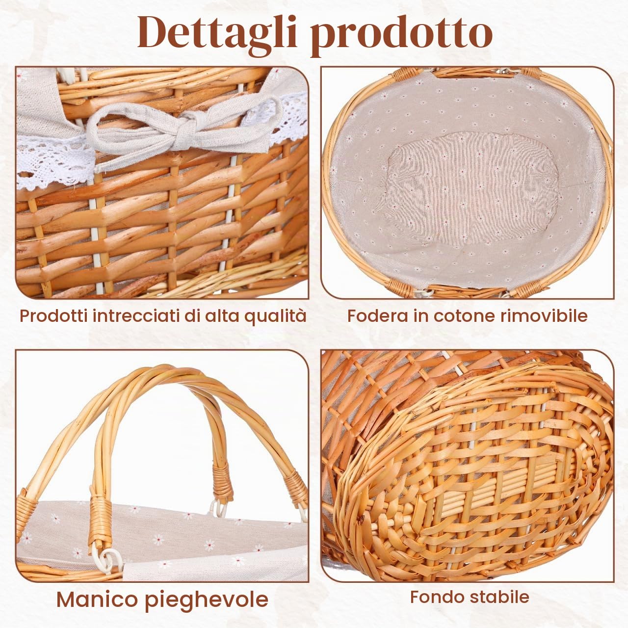 Abaodam Cestino di Vimini con Manico - Cestino da Picnic Intrecciato Cestini Portaoggetti Intrecciati in Salice - Cestini Portafiori in Vimini per Riporre Picnic Pasquali Decorazioni per
