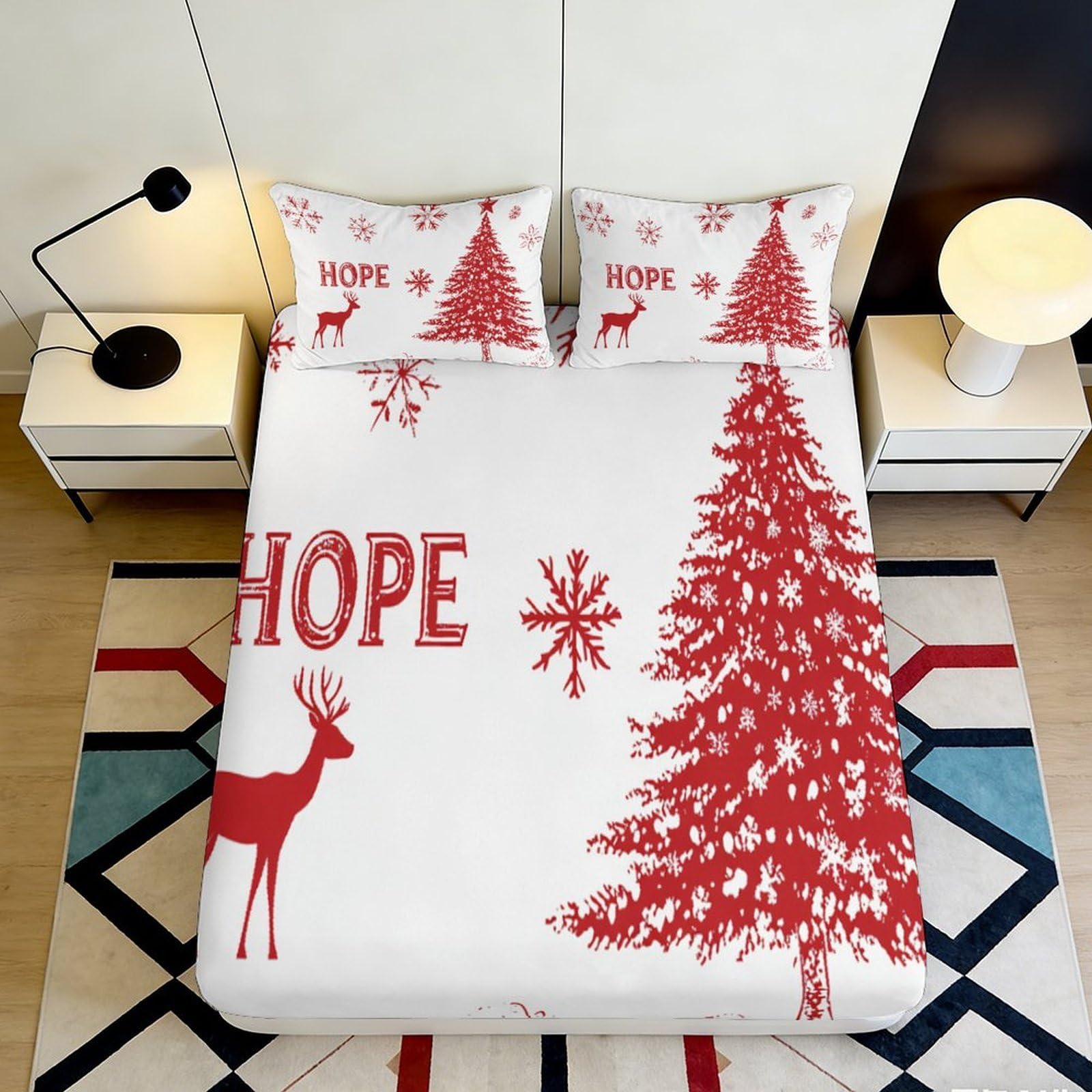 3D Printed Christmas Deer Fitted Sheet Microfiber Soft Durable Red Tree Bed Cover with Snowflakes for Bedroom Dormitory Guest Room Mattress Protection 140x200x25cm