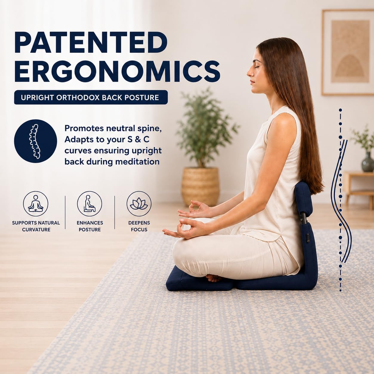 blissage Meditation Chair | Foldable Floor Seat with Cushion and Back Support | for Yoga, Pranayama, Prayer & Cross-Legged Sitting | Portable Metal Frame with Carry Bag | 2 Year Warranty (Dark Blue) 1