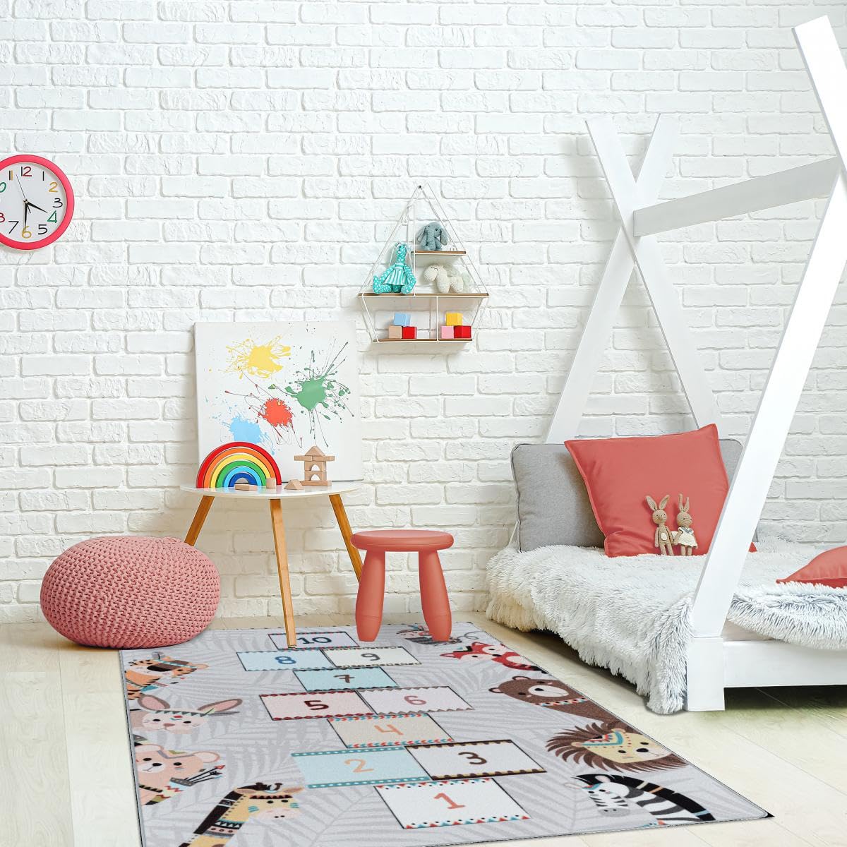 Tapis Enfant, 100 X 150 Cm, Motif Marelle Animaux Illustrés, Gris, Marron, Lavable 30 °C, Poils Ras Tissé, pour Chambre, 11434