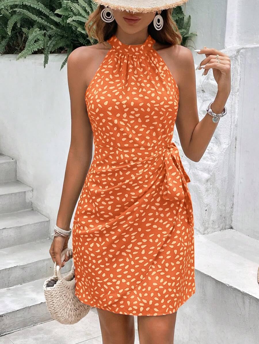 LIGHT DOT Women's Summer Dress Dot Print Halter Neck Tie Waist Casual Zipper Back Sundress Vacation Beach - Image 6