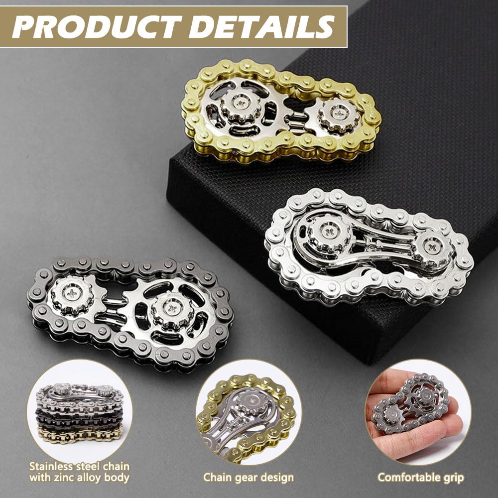 3 sztuki Fidget Spinner Toys Figit Spielzeug z 2 przekładniami Zabawka Fidget Metal Łańcuch rowerowy Trwałe i gładkie łożysko dla dorosłych i dzieci łagodzą stres, niepokój