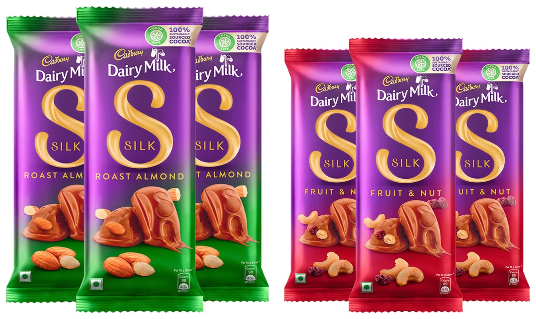 Cadbury Dairy Milk Silk Fruit And Nut Chocolate Bar, 137G (Pack Of 3) & Dairy Milk Silk Roasted Almonds Chocolate Bar, 143G (Pack Of 3), 840 Gram