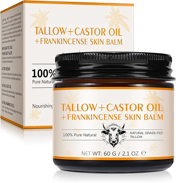 Tallow, Castor Oil and Frankincense Oil Skin Balm, 100% Grass-Fed Tallow for Face & Body Moisturizer, Deep Moisturizing Cream, Moisturizer for Dry, Cracked Skin, All Skin Types
