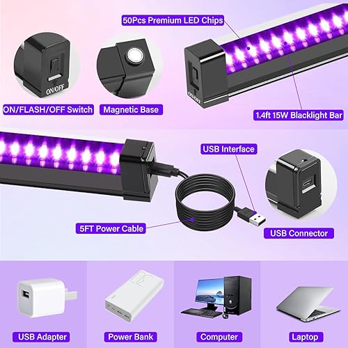 Miniatura 5 de Barra de luz negra de 15 W y 1.4 pies con 3 modos de iluminación, tubo de tira magnética de luz negra LED USB para póster de tapiz fluorescente,