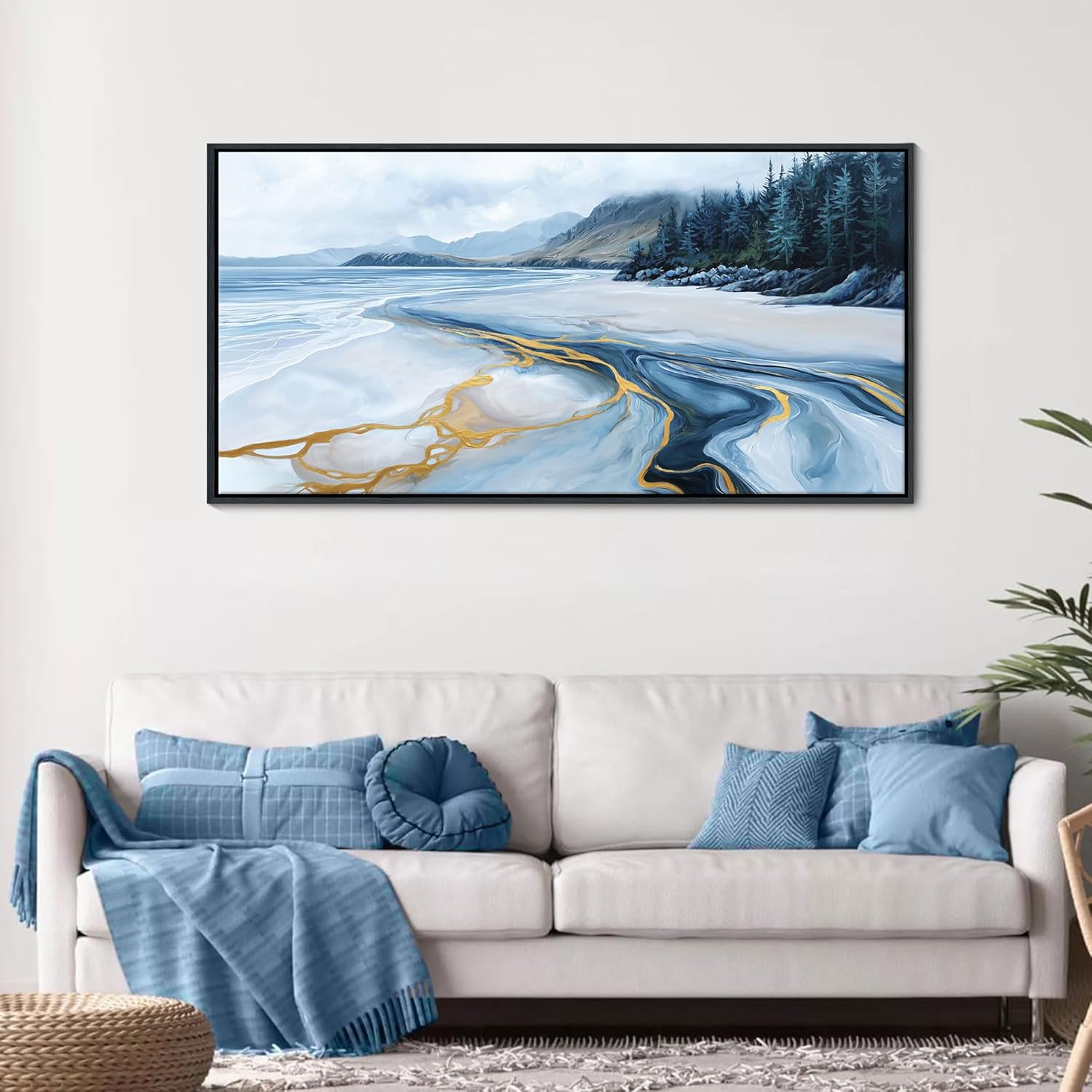 Blue and Gold Abstract Wall Art - Ocean Beach Pictures for Living Room Coastal Bedroom Paintings for Wall Decor Framed Landscape Artwork for Walls large Modern Decoration 24×48IN