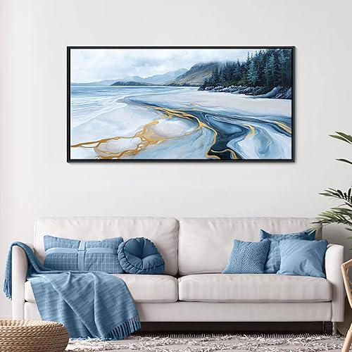 Miniatura 2 de AJAZIKO Arte de pared floral dorado grande para pared, decoración de pared azul para sala de estar, pinturas modernas para decoración de pared,