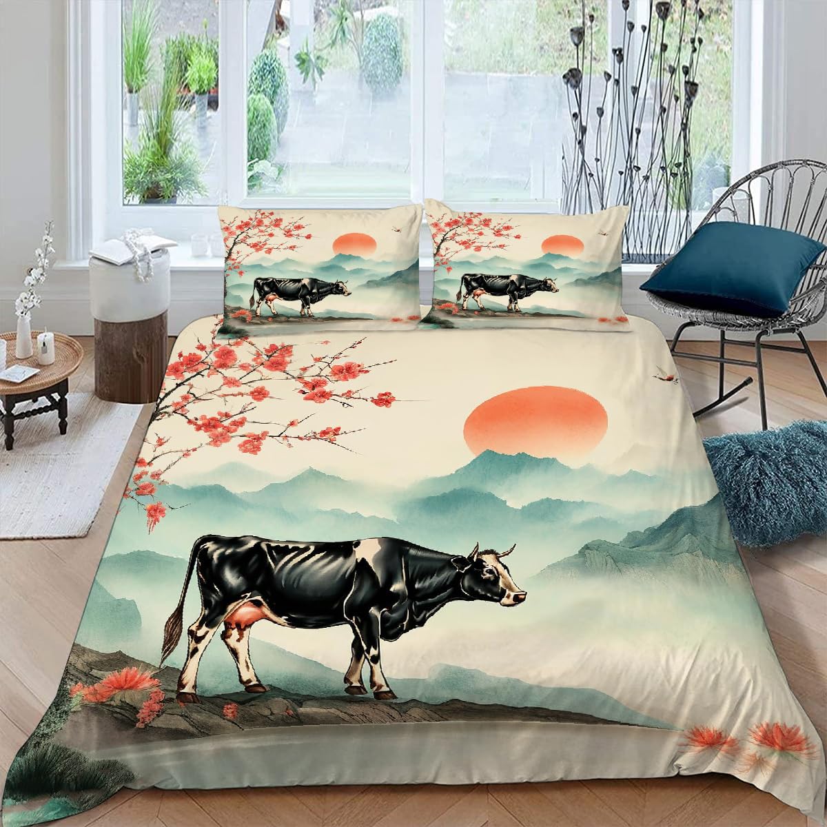 Housse de couette vache 3D imprimée fleurs pour une ambiance de chambre champêtre