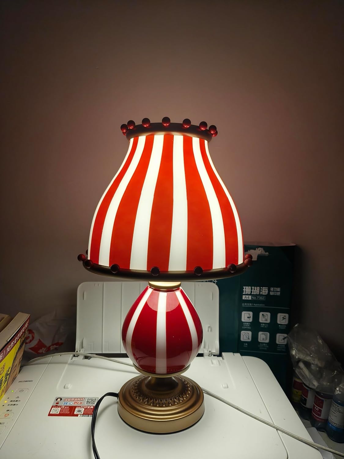 Circus-Inspired Table Lamp, Dimmable Large Metal Decorative Bedside Lamp Desk Lamp for Bedroom or Livingroom, Red & White Striped Design Plug