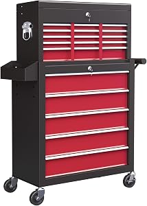 HOMCOM Coffre à outils roulant à 14 tiroirs, armoire de rangement à outils verrouillable avec boîte à outils amovible, doublure protectrice, panneau perforé et support latéral pour entrepôt, garage, atelier, rouge