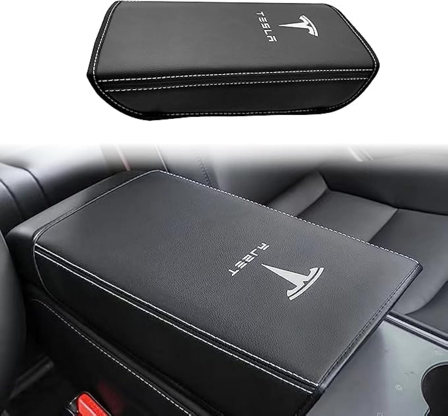 Tesla Model 3/Y Center Console Armrest Cover - Interior Accessories Leather Center Console Protector Pad for Model 3 2017-2024 or Model Y 2020-2024 (Black)