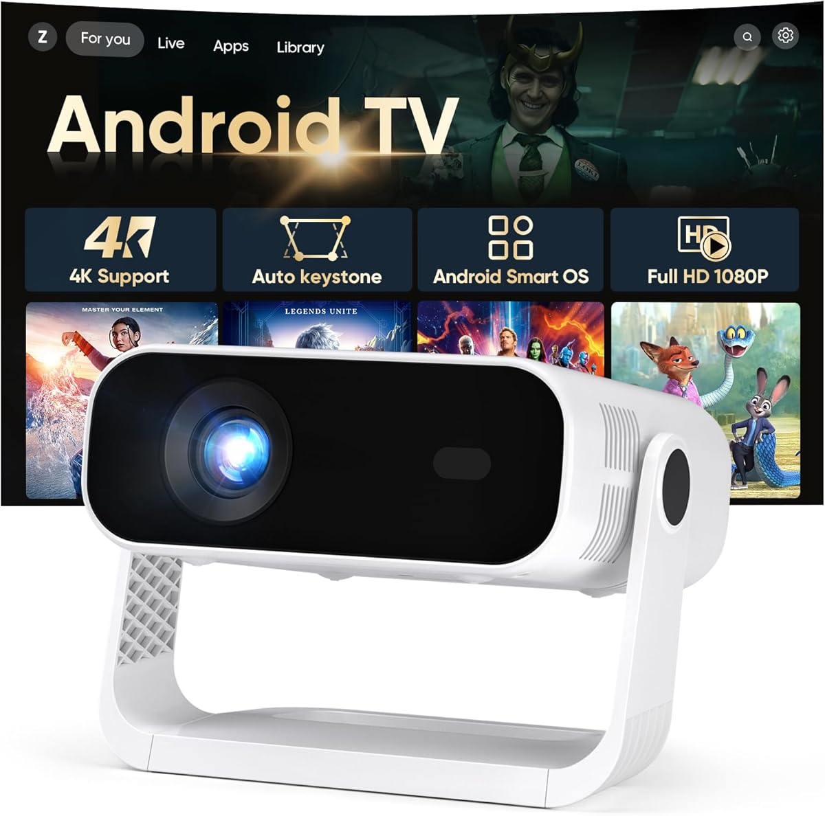 Mini Projector with Wifi and Bluetooth 350 ANSI, Smart 1080P HD Portable Projector with 360° Rotatable Stand, 4K Support Built-in 10000+ Apps, Movie Projector for Bedroom Dorm Apartment Home