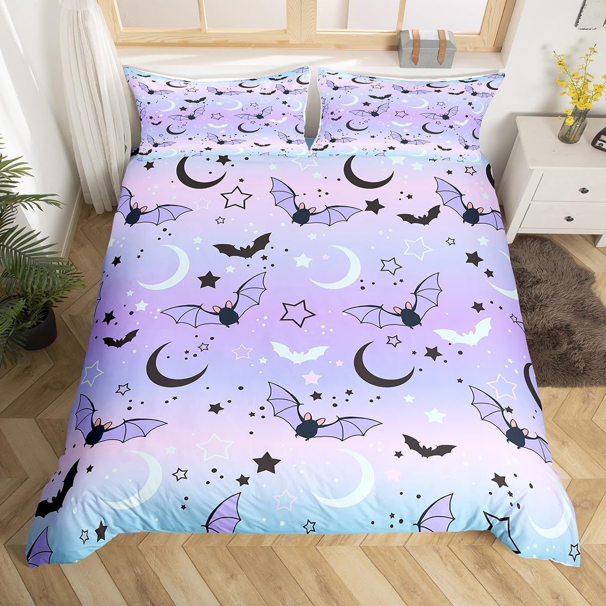Bat Bottom Duvet Cover Cot Size,Halloween Theme Animals Comforter Cover for Kids Teens Adults Bedroom Decor,Watercolor Star Cartoon Gothic Style Bedding Set 1 Pillowcase,No Comforter — image 1