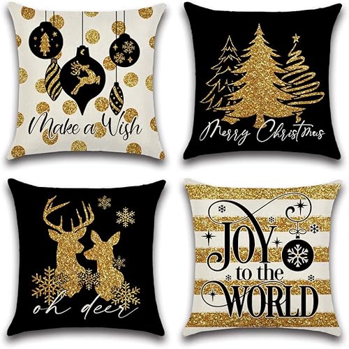 OTOSTAR Juego de 4 fundas de almohada doradas de Navidad de 18 x 18 pulgadas para decoraciones de Navidad, alce negro y dorado, para árbol de