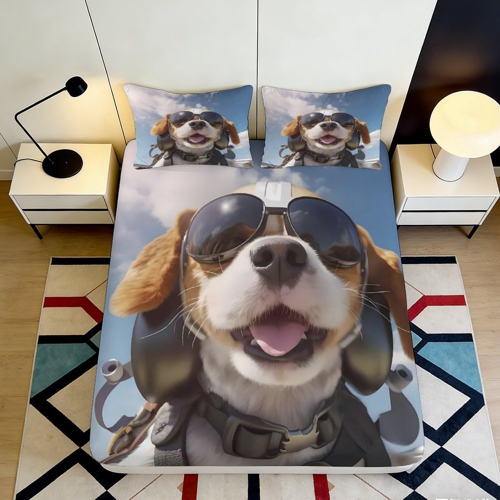 3D Printed Pilot Dog Cartoon Fitted Sheet Microfiber Soft Anti-Slip Animal Sunglasses Mattress Cover for Bedroom Dorm Decor 180x200x25cm