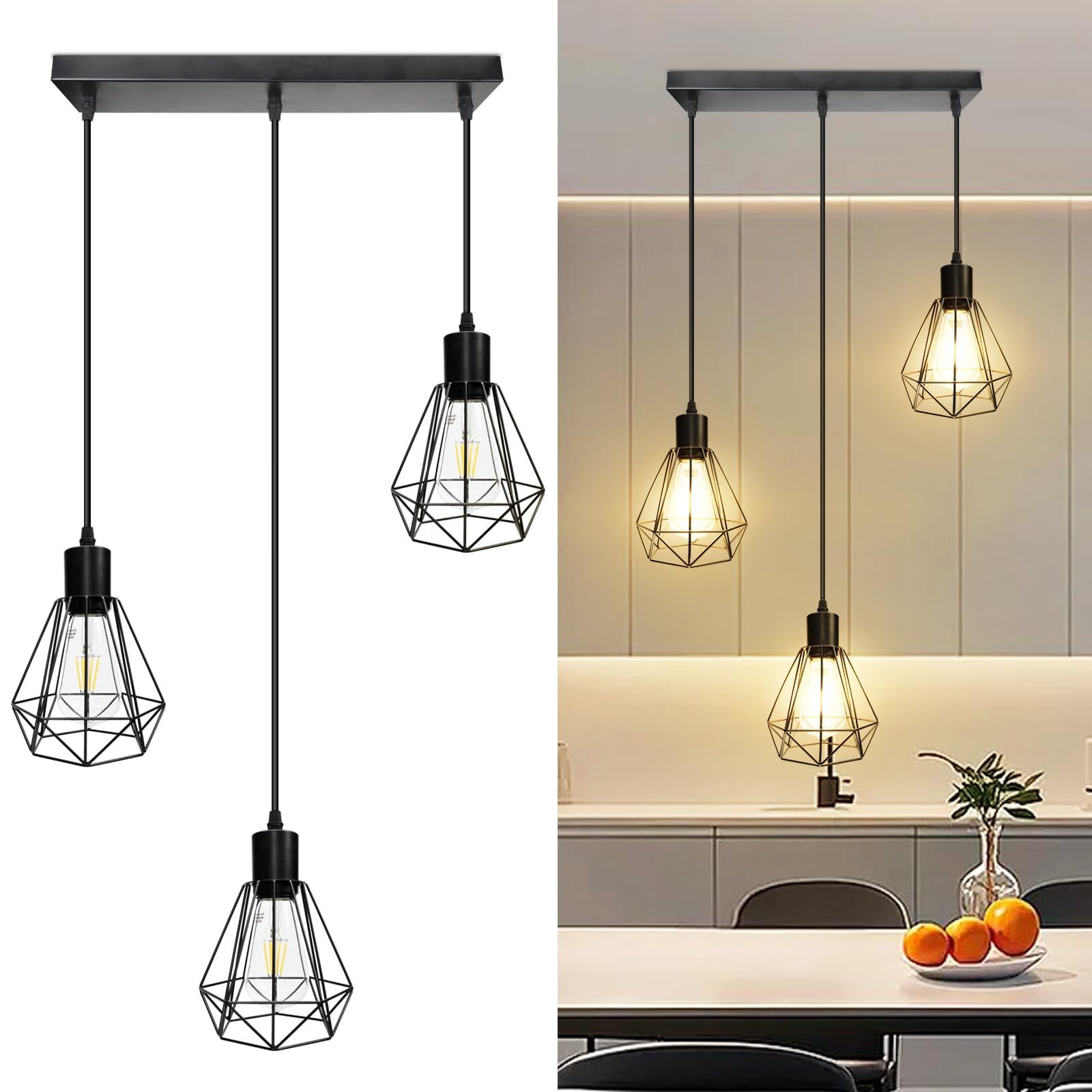 HiBay 3 Light Pendant Light Height Adjustable, E27 Ceiling Lights Metal Square Plate Hanging Lights for Living Room, Dining Room, Coffee Shop