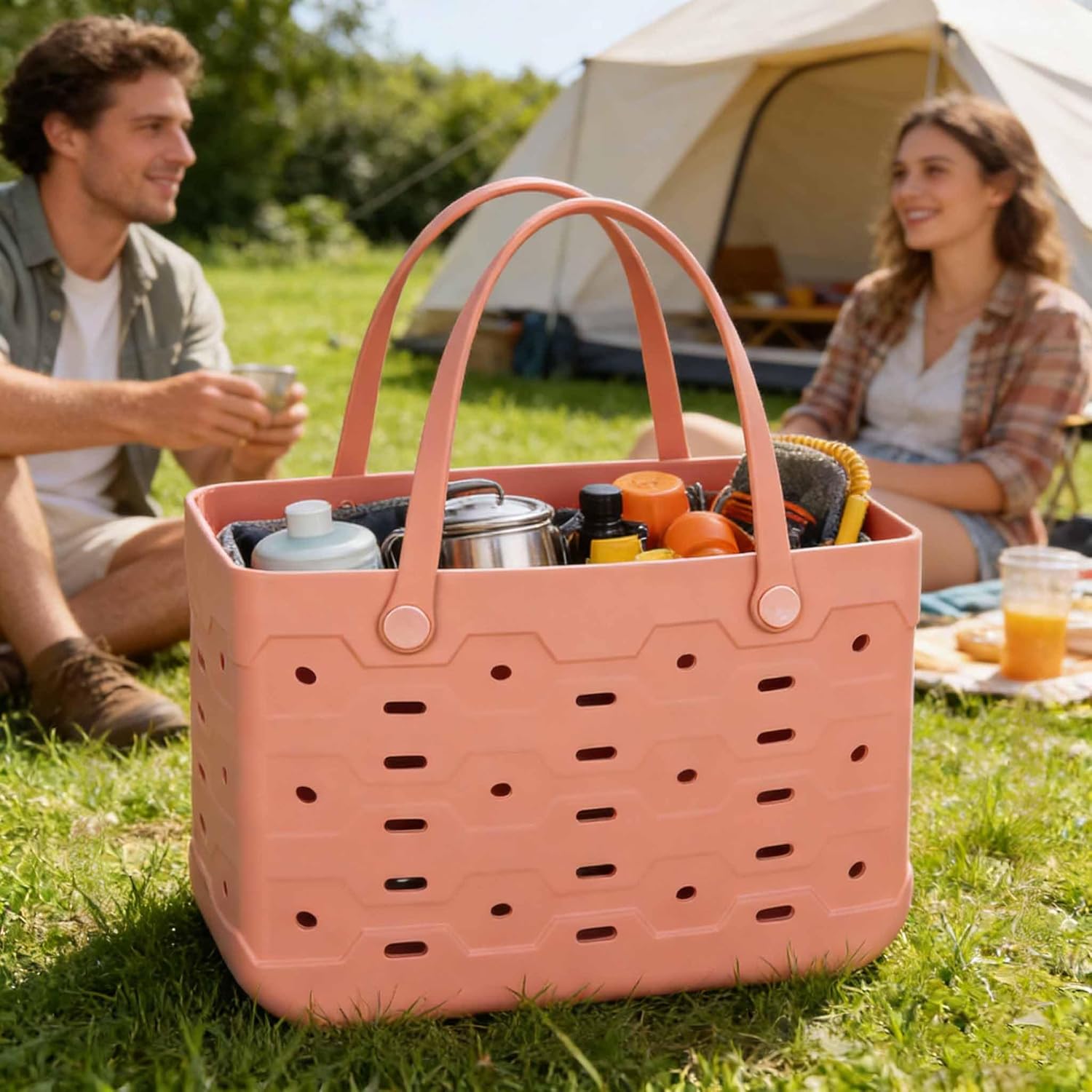 Large Waterproof Beach Bag, Multi-Purpose Washable Storage Bag with Sturdy Handles, Flexible for Travel, Outdoor & Daily Use (Melon Juice)