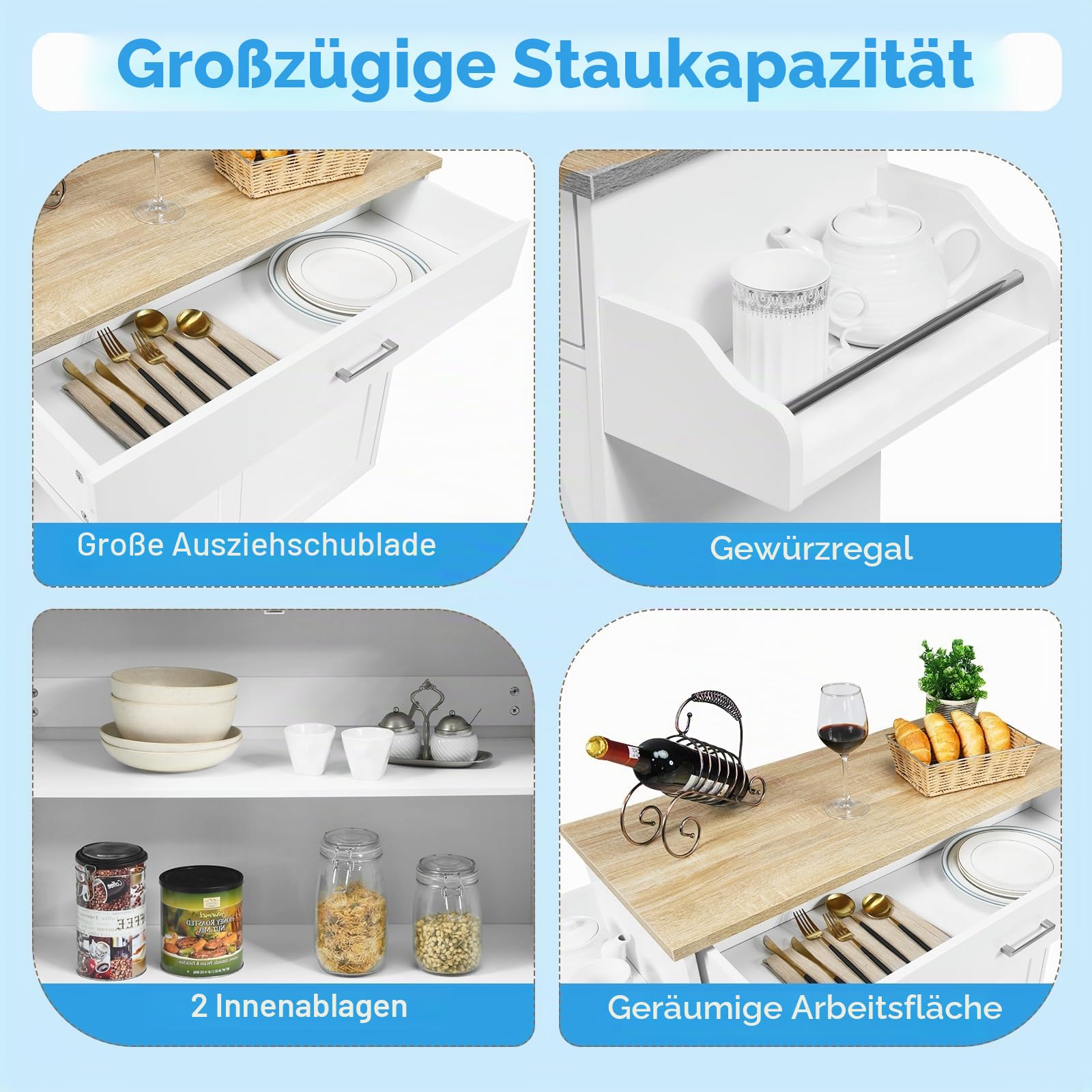 KOMFOTTEU Küchenwagen Servierwagen mit Arbeitsplatte, Küchenschrank Holz mit Rollen, Kücheninsel küchentrolley mit Schublade und verstellbarem Regal, Gewürzregal, Küchenrollwagen 116x40x85cm (Weiß)