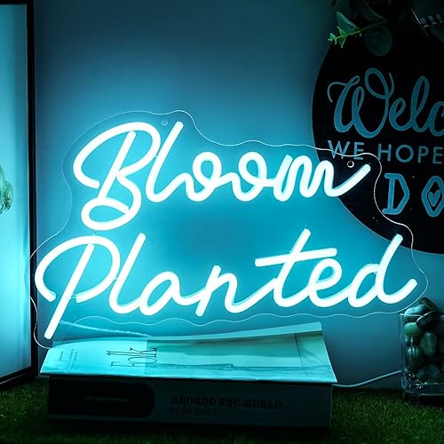 Miniatura 1 de Alkkign Bloom Planted Neon Sign - Letrero de neón regulable para plantas verdes, luces decorativas de pared azules alimentadas por USB con