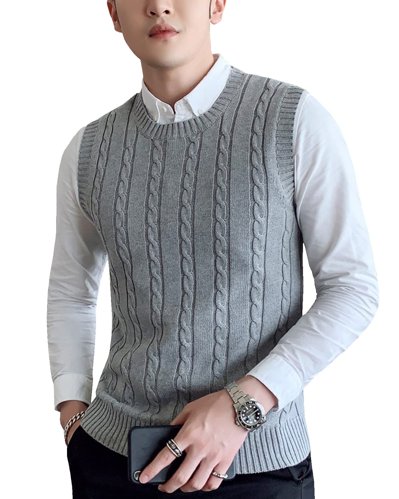 Yishengwan Men's Grey Gilets Round Neck Sleeveless Jumper Vest Warm Knitwear Knitted Waistcoat Sweater Tank Tops M