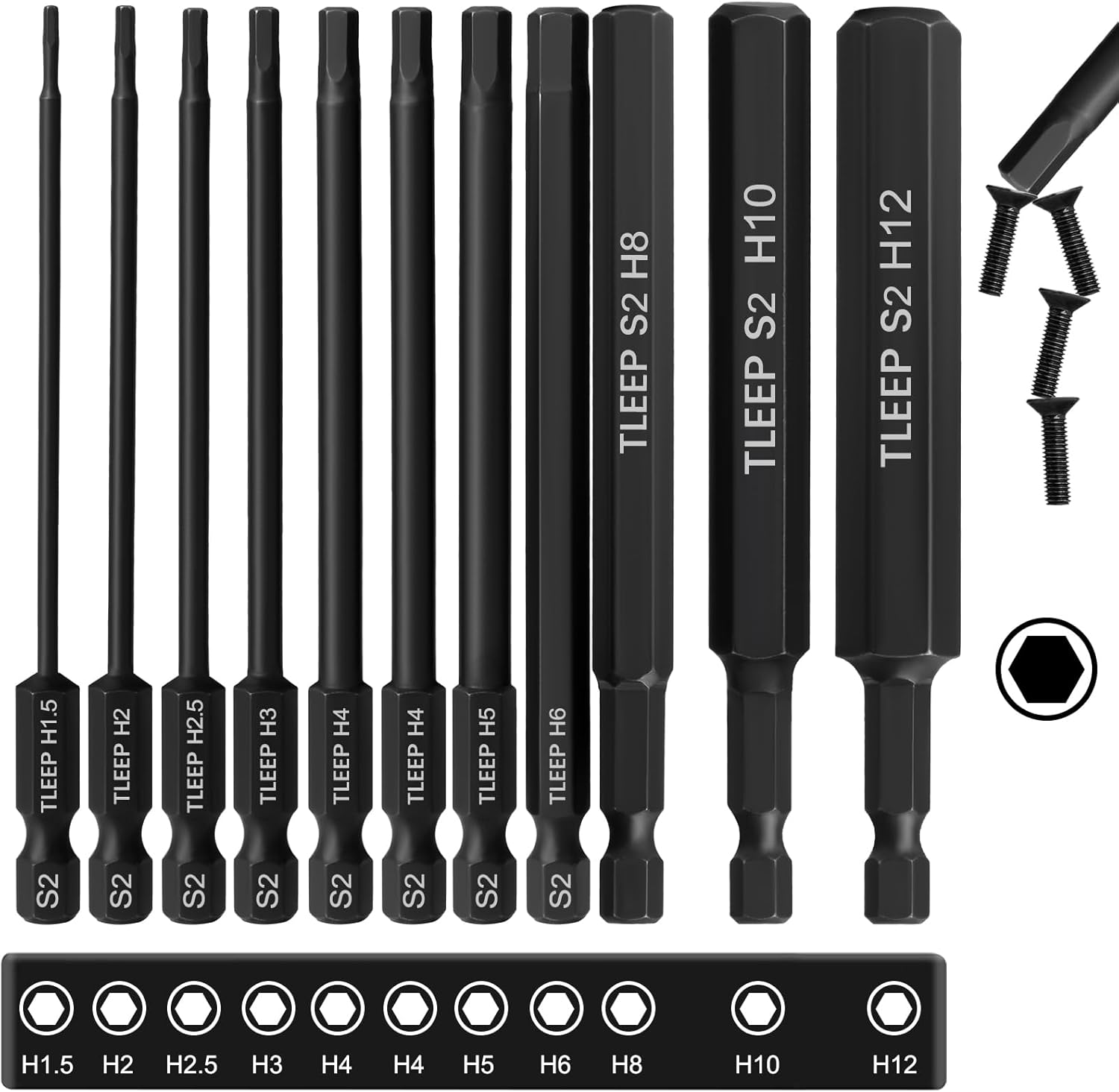 11Pcs 4" Allen Wrench Drill Bit Set 1.5mm-12mm, 1/4" Hex Shank Long Metric Hex Key Set with Case for IKEA Type Furniture, S2 Steel Black Drill Bits Tools for Narrow Spaces, 11 Pieces Full Sizes