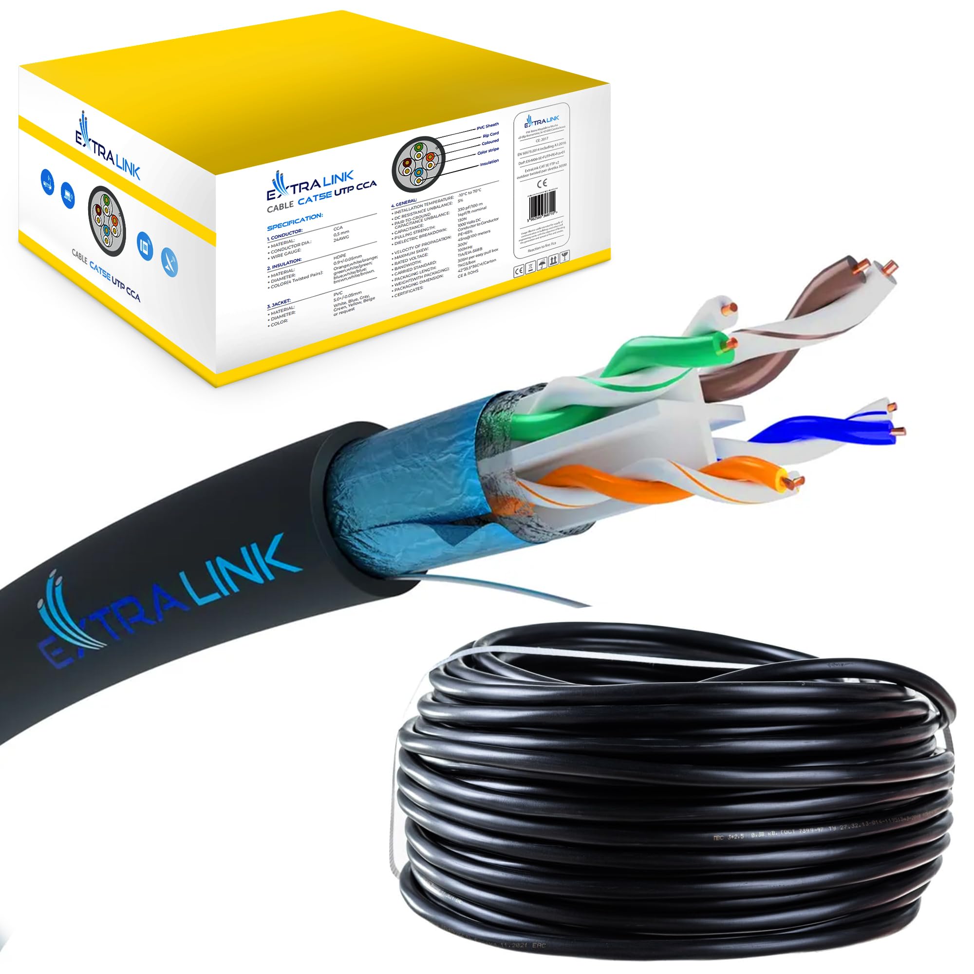 EXTRALINK Cable de red Cat 6 para exterior Cable FTP (F/UTP) Cable Ethernet Cat 6 Apantallado 305M 23AWG, Cable red Par Trenzado, Cable Rj45 Cat 6 Cobre, Cubierta exterior PE, Frecuencia hasta 250MHz