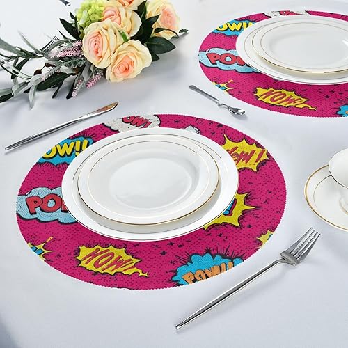 Miniatura 6 de Pop Art Graffti Pow placemats Round Washable Kids Reusable placemat Set of 4 15x15 in manteles para mesa de comedor
