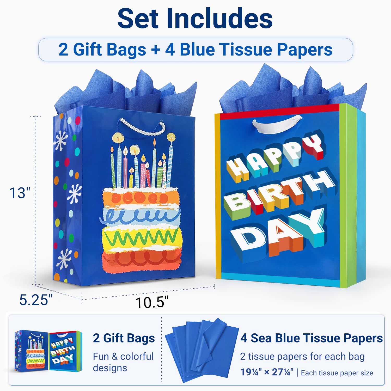 Party Funny Kids Blue Birthday Gift Bags with Tissue Paper, 2 Pack 13" Medium Paper Gift Bag Set with Handles, Colorful Cake and Happy Birthday Present Bags for Boys