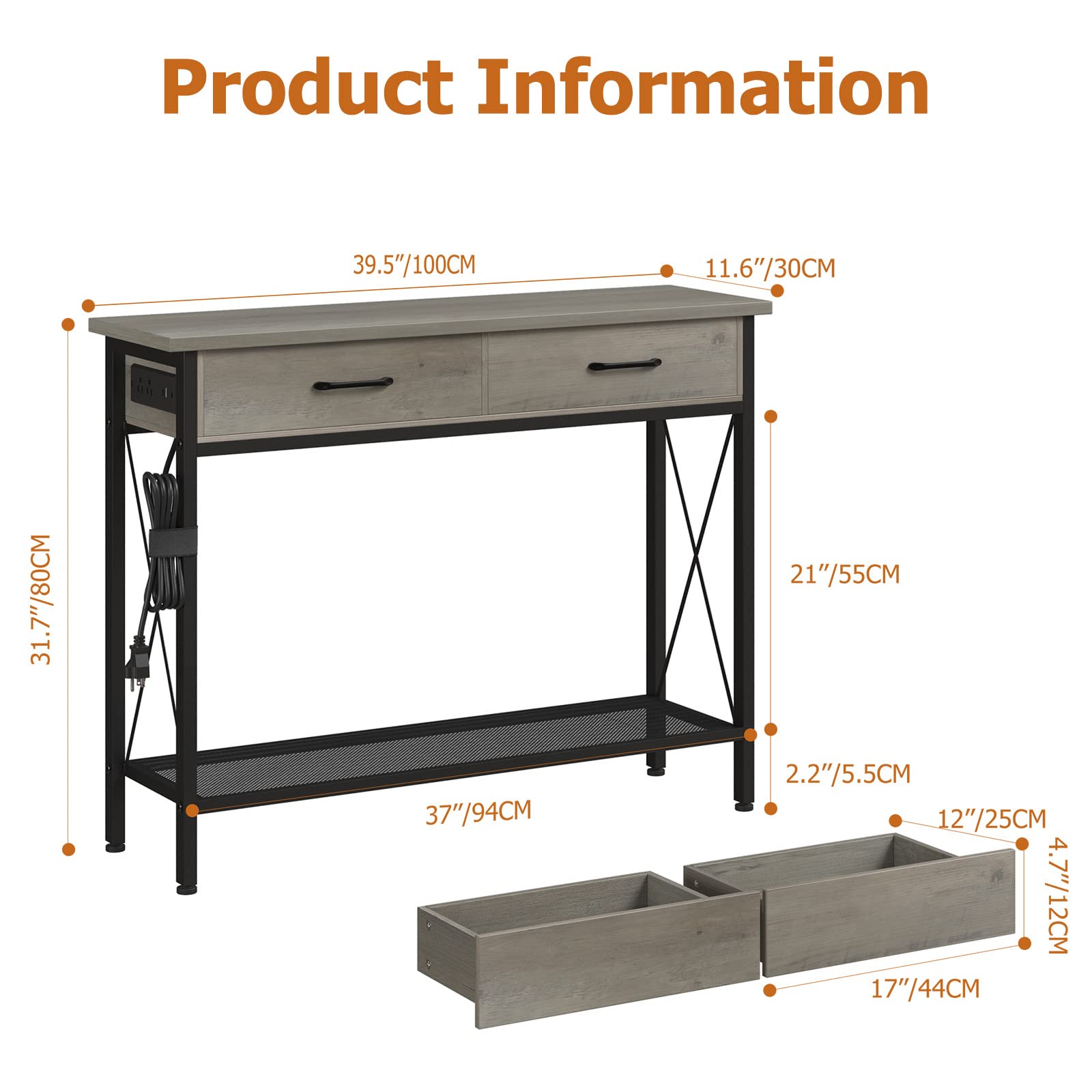 IDEALHOUSE Console Table with Storage, 39.3'' Entryway Table with 2 Drawers, Grey Behind Sofa Table, Console Table with Outlet for Living Room, Couch, Hallway, Foyer, Entryway, Kitchen-2 Tier