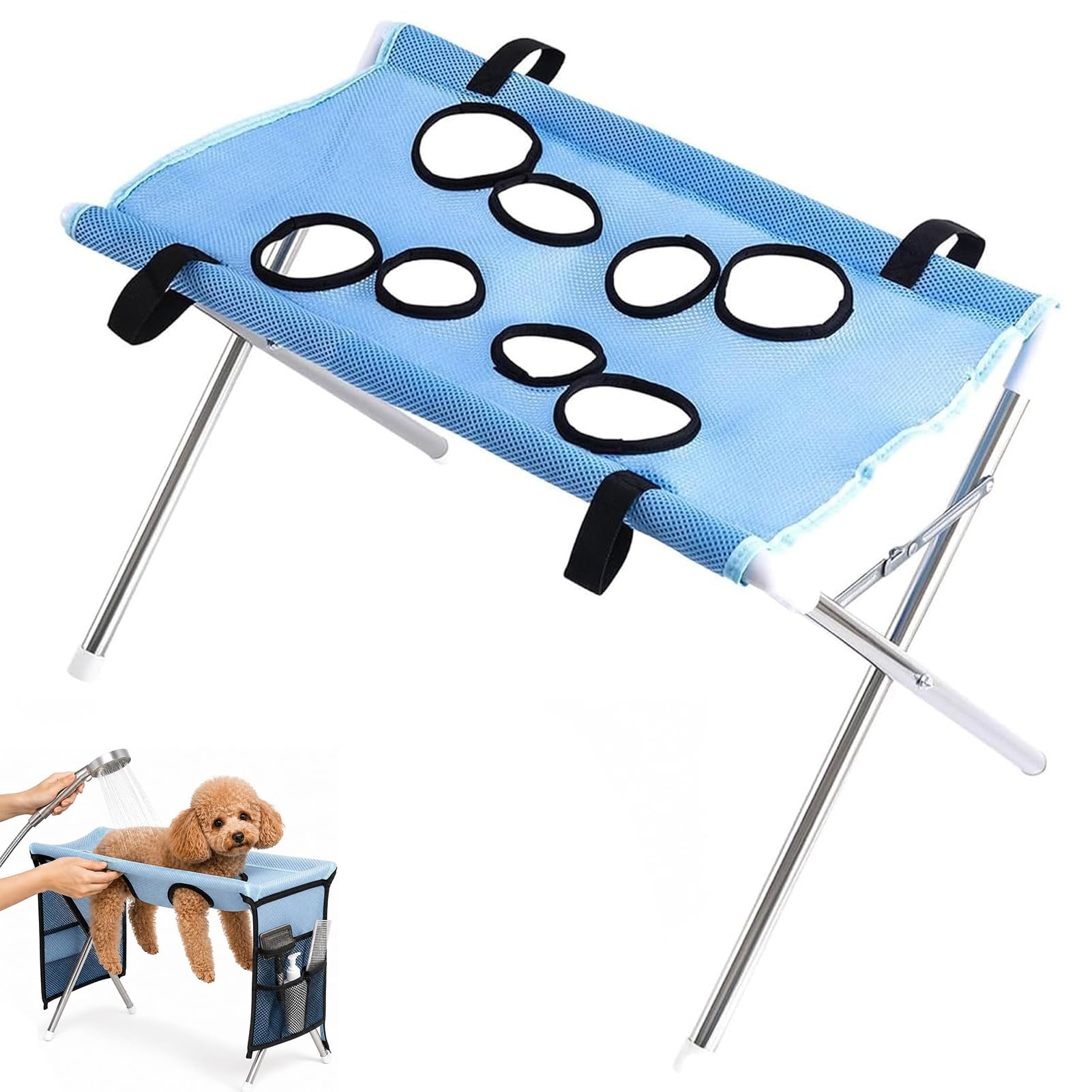 CHENRI 2-in-1 Foldable Pet Grooming Bed – Breathable Mesh Cat & Dog Bathing Station with Storage Pockets, Pet Grooming Hammock with Stand, Home Pet Hammock for Cats and Small Dogs Grooming，A-Blue