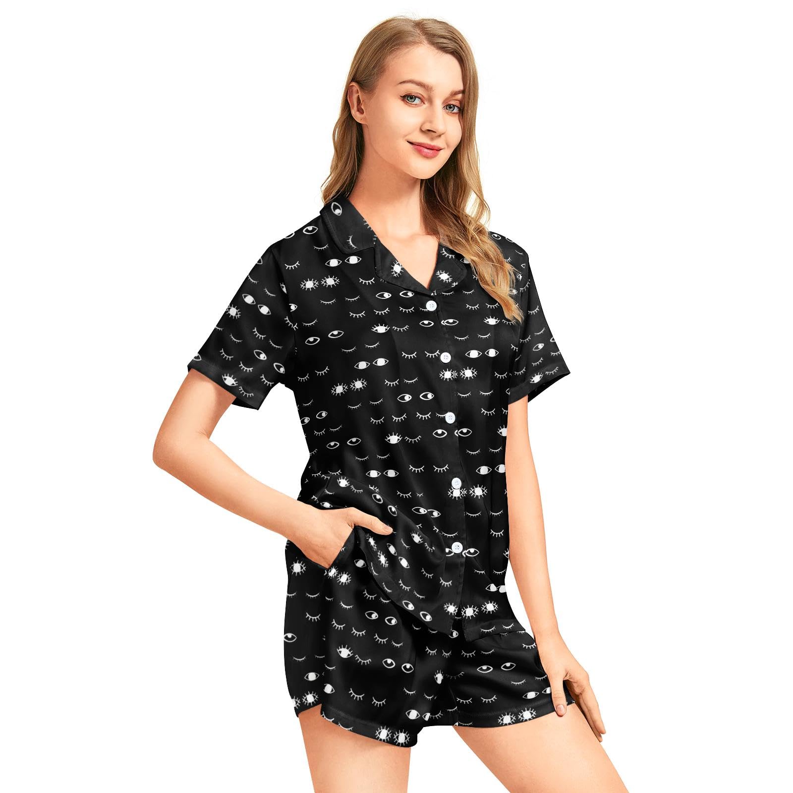 Funny Pajamas for Women Set Print Satin Loungewear Pjs Short Sleeve Button Down Top and Shorts Sets Sleepwear XS-3XL