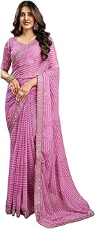 SIRIL Women's Bandhani Printed Embroidery Lace Georgette Saree with Unstitched Blouse Piece