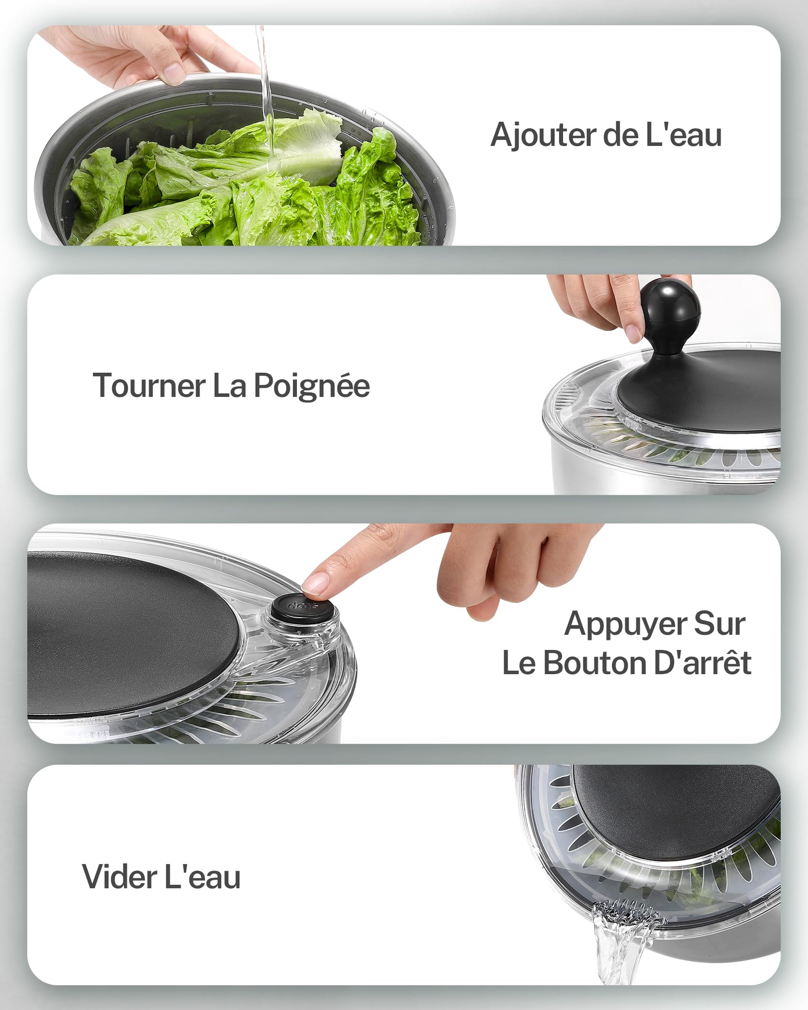 SveBake Essoreuse à Salade en Acier Inoxydable, 5L Spinner à Salade avec Bouton Stop, Base Antidérapante, Passe au Lave-Vaisselle, Sans BPA