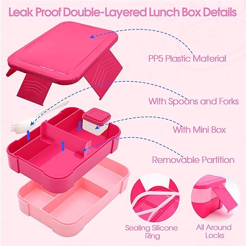 Miniatura 6 de Lonchera rosa para niñas con termo de 10 onzas, con caja Bento de 6 compartimentos, bolsa de almuerzo aislada de nailon con correa ajustable para