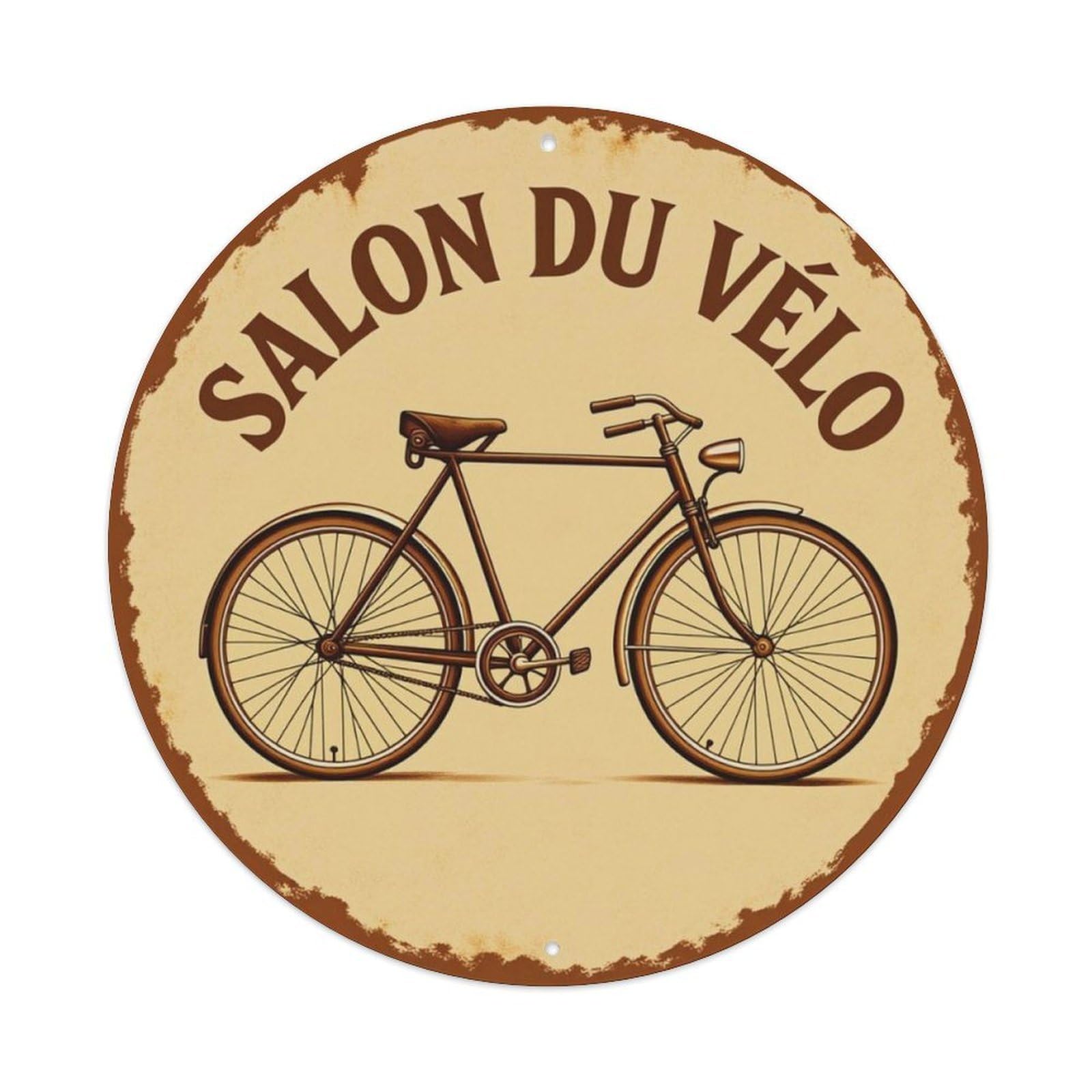 French Vintage Bicycle Bike Shop Round Decor Sign Vintage Aluminium Metal Sign, Retro Wall Decor for Home, Bar, Garage & Farmhouse 20x20cm