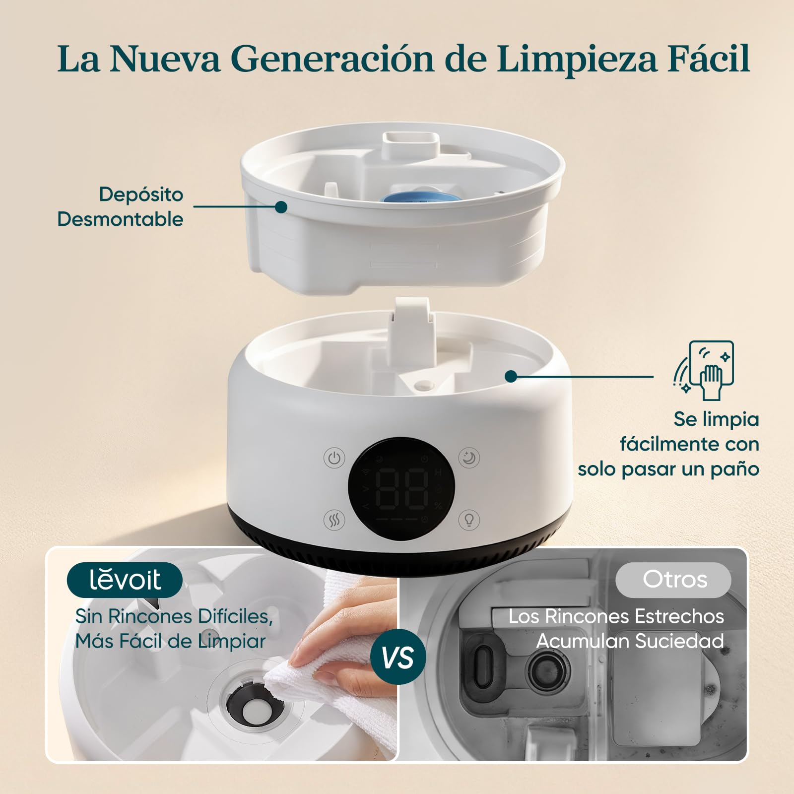 Levoit Humidificador 4,2L hasta 42H, Inteligente, Blanco, NeoClassic 450S | Humidificador Bebés Llenado Superior, Depósito Desmontable, 21dB, Control APP/Voz, Luz y Modo Musical
